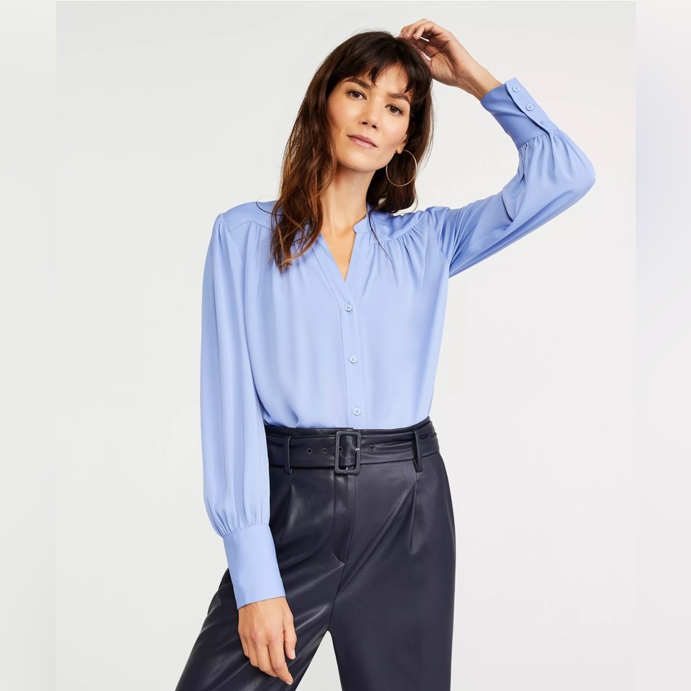 Ann Taylor Petite Shirred Split Neck Blouse in Peri Blue, Long Sleeve
